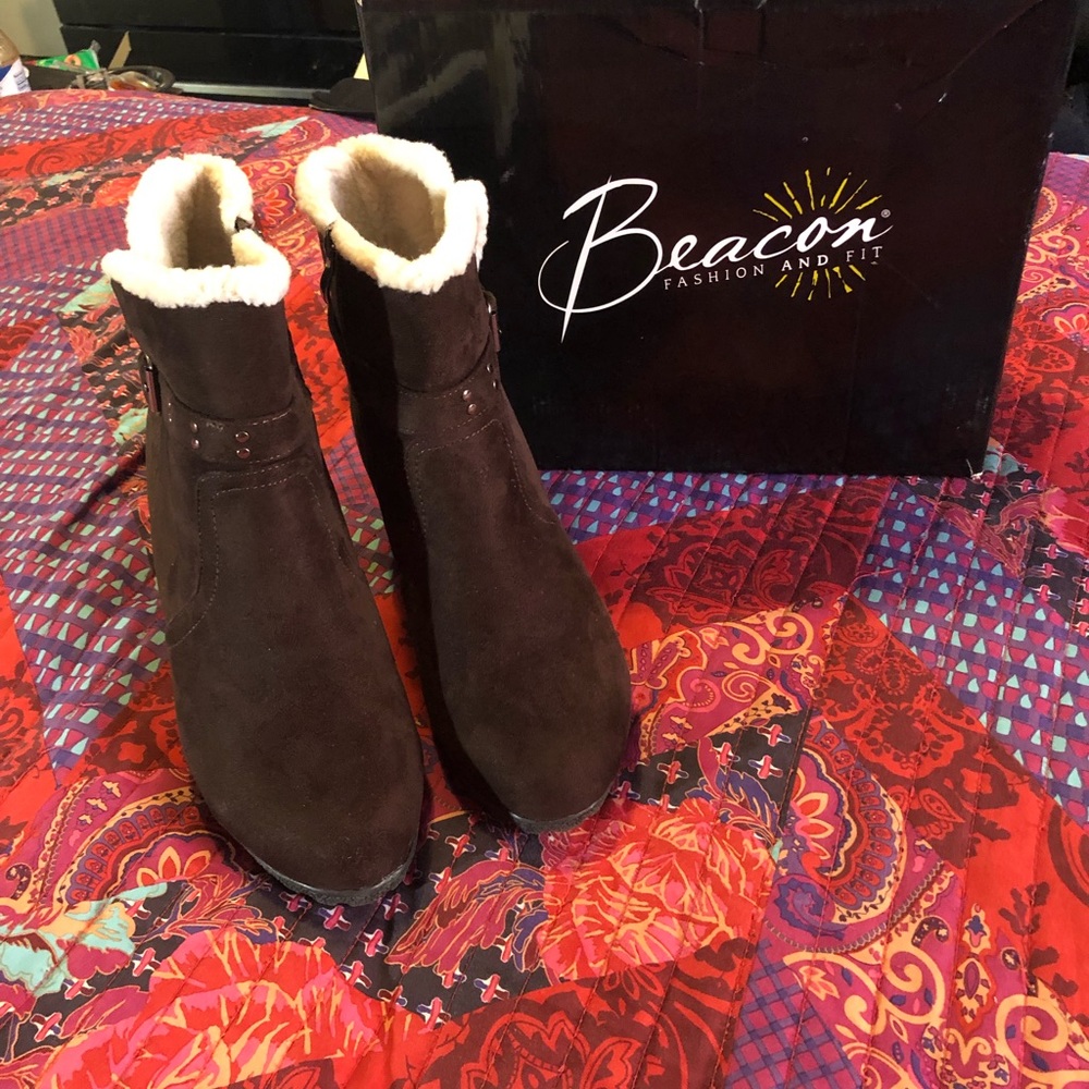 Brown suede booties with 3 inch wedge heels